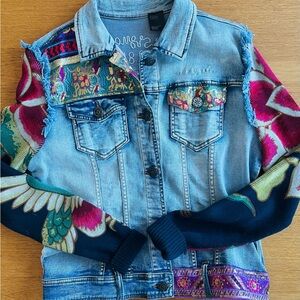 Vibrant Blue Jean Jacket with Tropical Sleeves